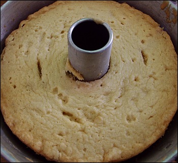 Pound Cake baked in tube pan, out of the oven for a few minutes.